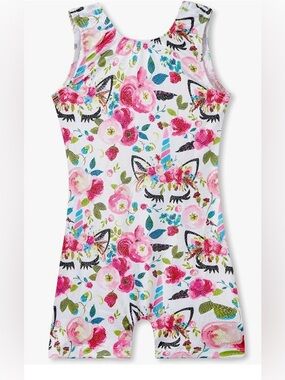 Amazon Kids One-Piece Swimsuit - White with Pink Floral & Black Cat Print